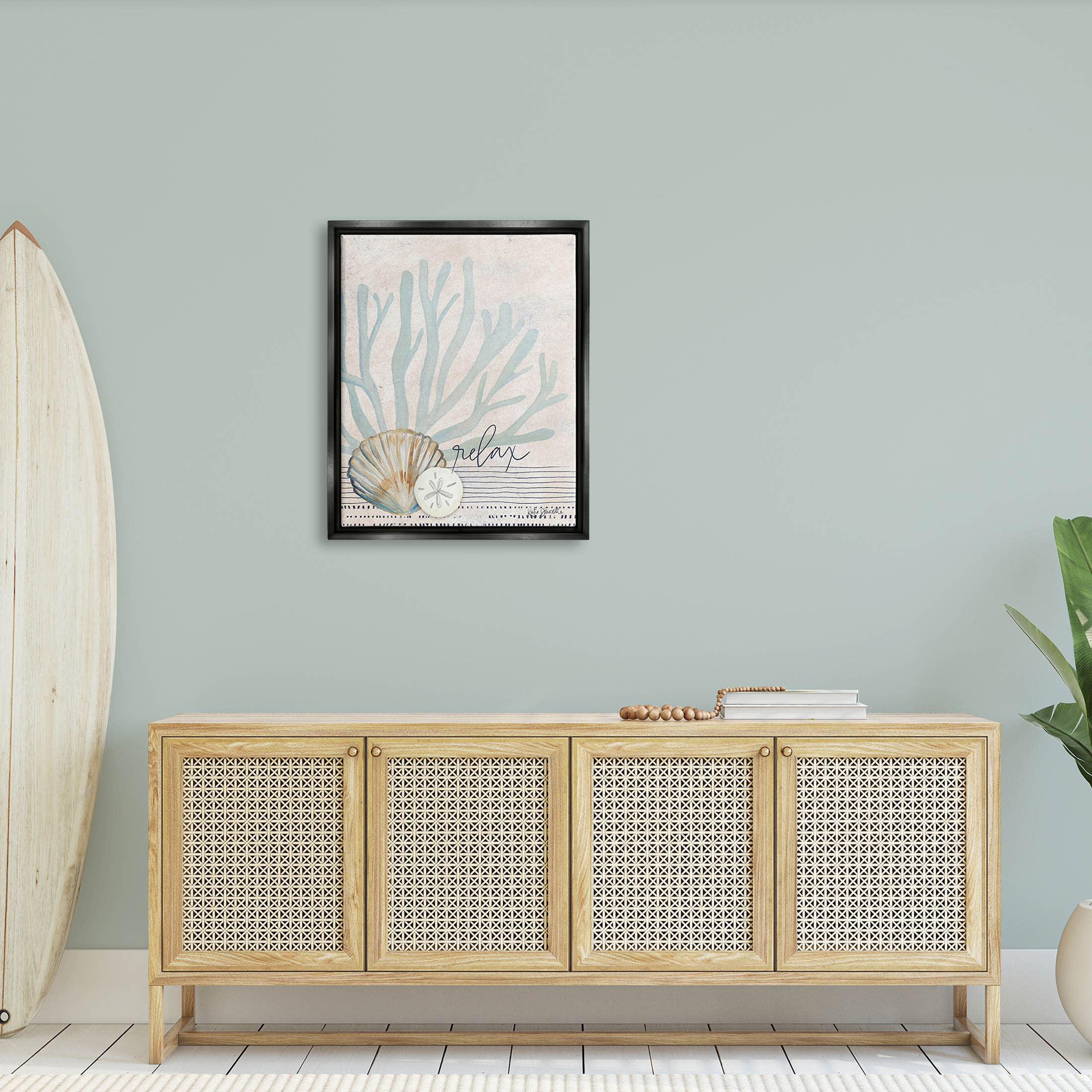 Stupell Industries Striped Sea Life Aquatic Seashells Graphic Art Jet Black Floating Framed Canvas Print Wall Art, Design by Katie Doucette