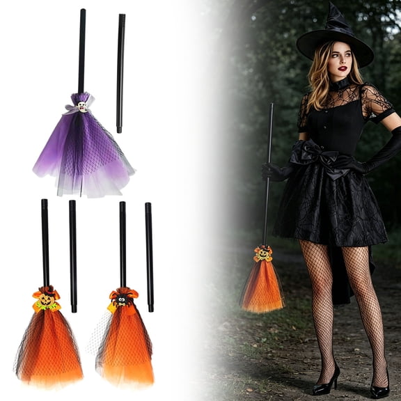 Detachable Kids Witch Broom Prop, Tulle Pumpkin Spider Skull Decor Halloween Witch Broomstick, Adjustable Length Costume Accessory for Cosplay Party Trick or Treat