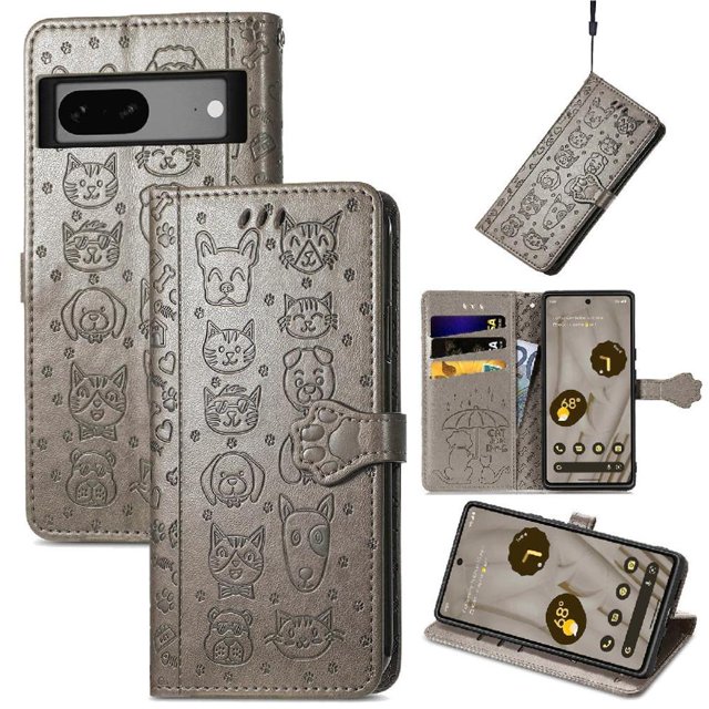 Funda Cartera FOXDOCK para Google Pixel 7A , Flip PU con Relieve de Gatos y Perros, Tarjetero y Soporte
