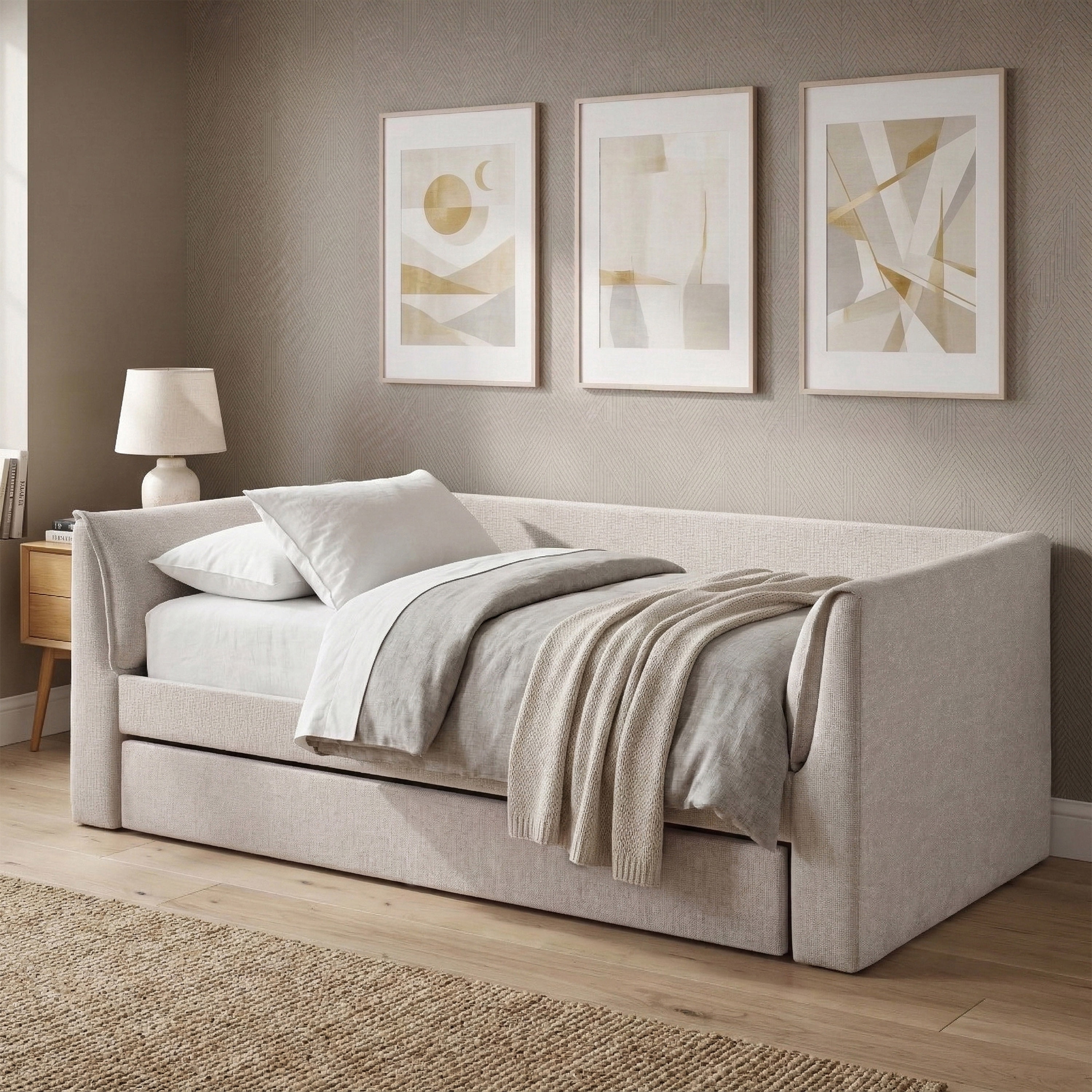 Furniture of America Alonsa Fully Fabric Upholstered Track Arm Twin Daybed with Trundle, Pearl White