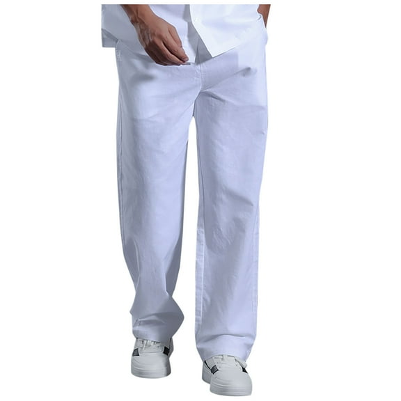 Jgppe Mens Linen Casual Pants Cotton Classic Solid Color Elastic Waist with Drawstring Straight Leg Casual Pants