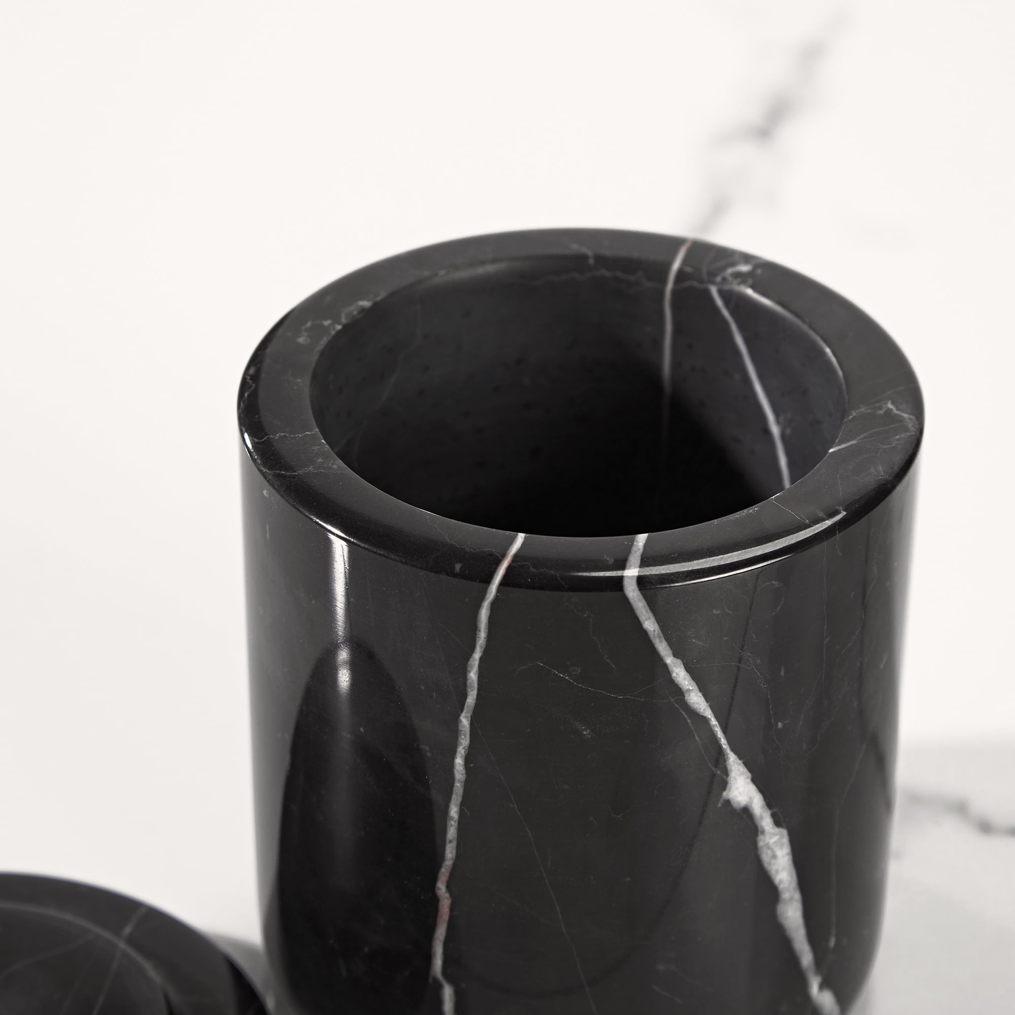 Natural Round Black Marble Canister 5.07 inch L × 5.07 inch D × 5.26 inch H, Sturdy Qtip Holder Dispenser with Lid for Cotton Swab, Pads,Floss Picks,Balls Organic Vanity Makeup Storage