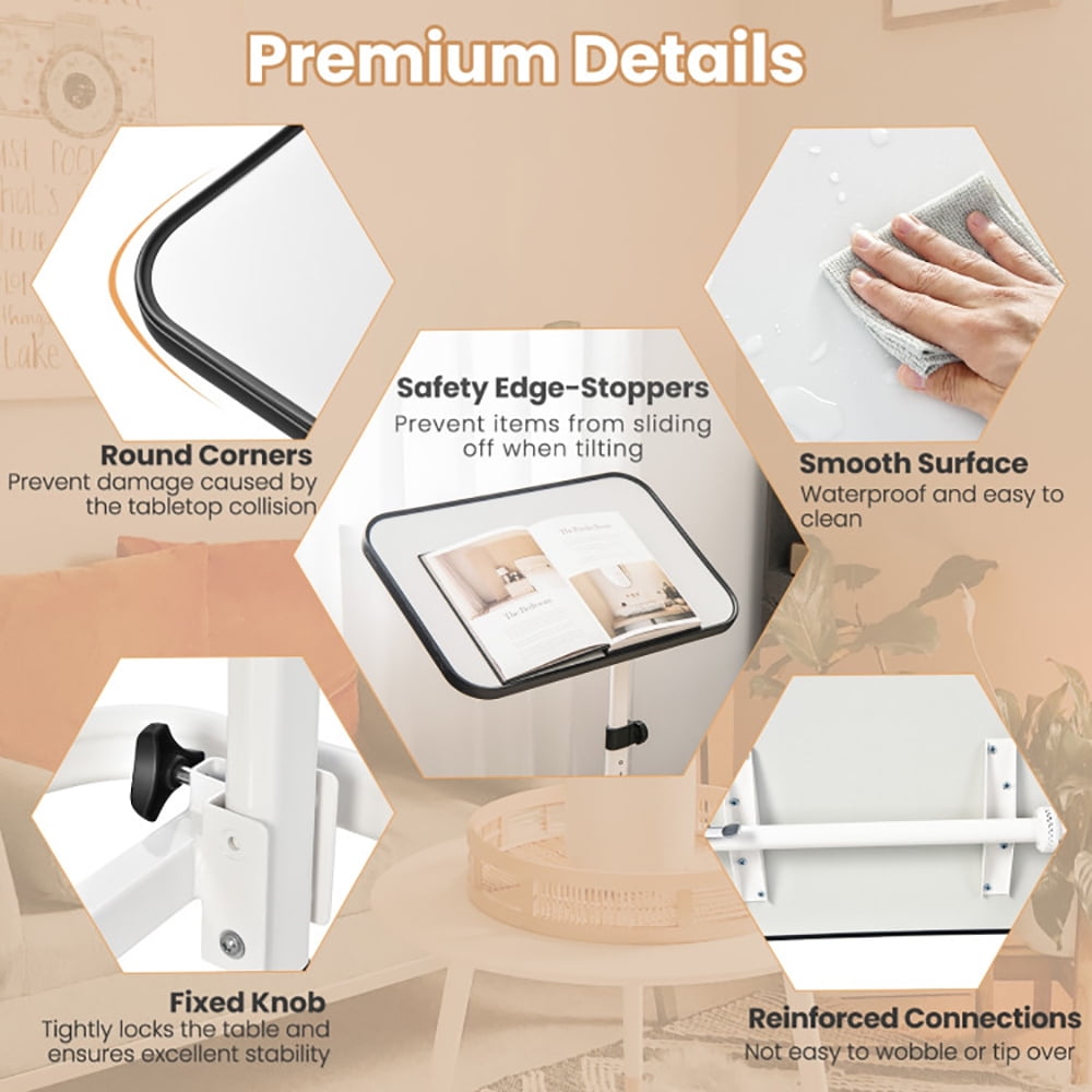 Finihen Rolling Overbed Side Table, Sofa Side Table, Bed Side Table, Bedside Table with 9-Level Adjustable Height, for Living Room, Bedroom, White Finihen Rolling Overbed Side Table, Sofa Side Table, Bed Side Table, Bedside Table with 9-Level Adjustable Height, for Living Room, Bedroom, White