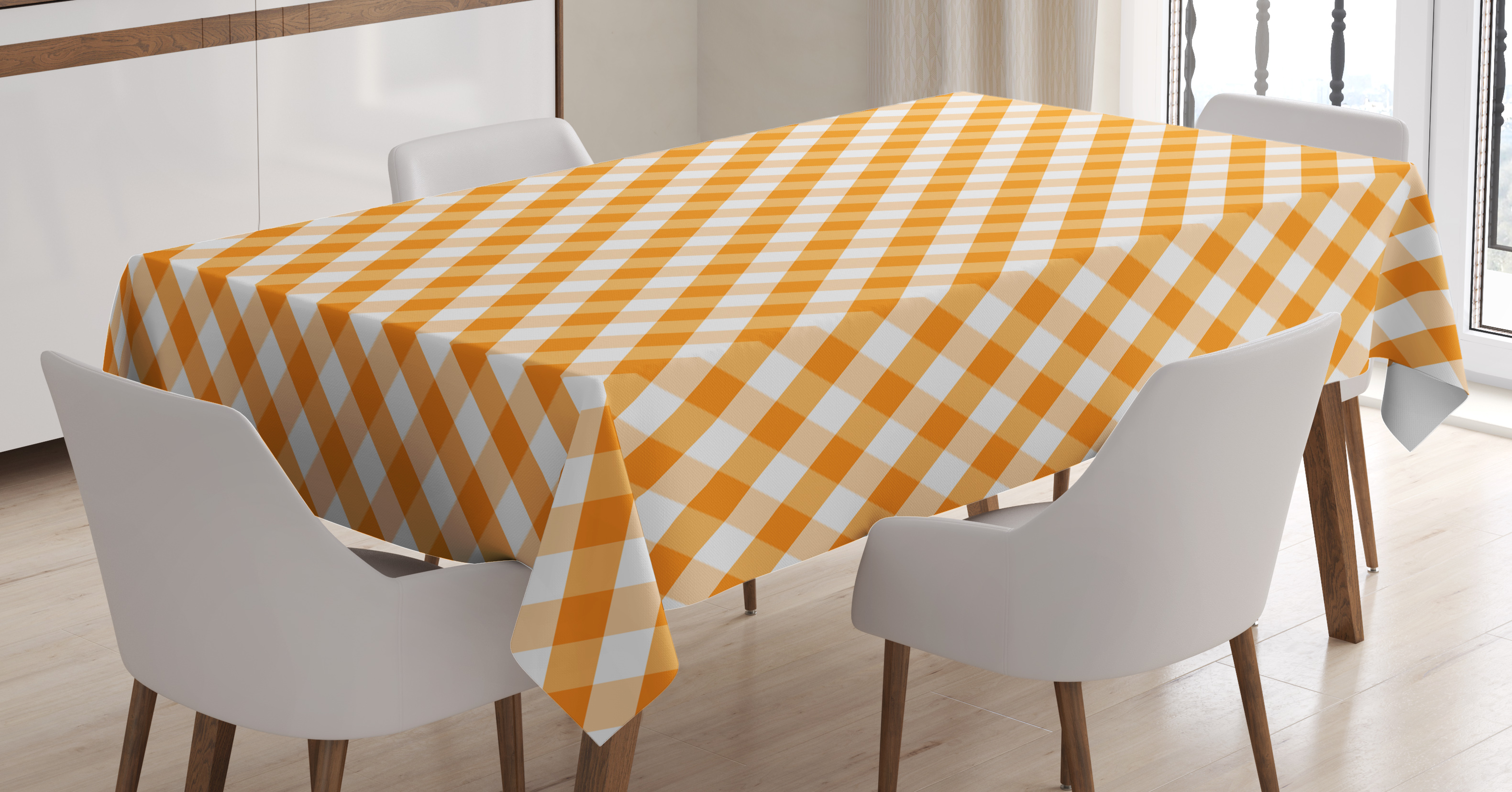 Checkered Tablecloth, Cross Weave Gingham Pattern in Orange and White