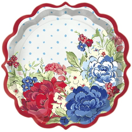 Pioneer Woman Red White and Blue Floral Patriotic Paper Dessert Plates, 8in, 12ct