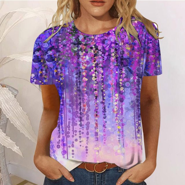 ICHUANYI Clearance Women Fashion Summer Casual Print Round Neck Loose Short Sleeve T-shirt Top Blouse Pullover(Purple, S) ICHUANYI WER2023081115357