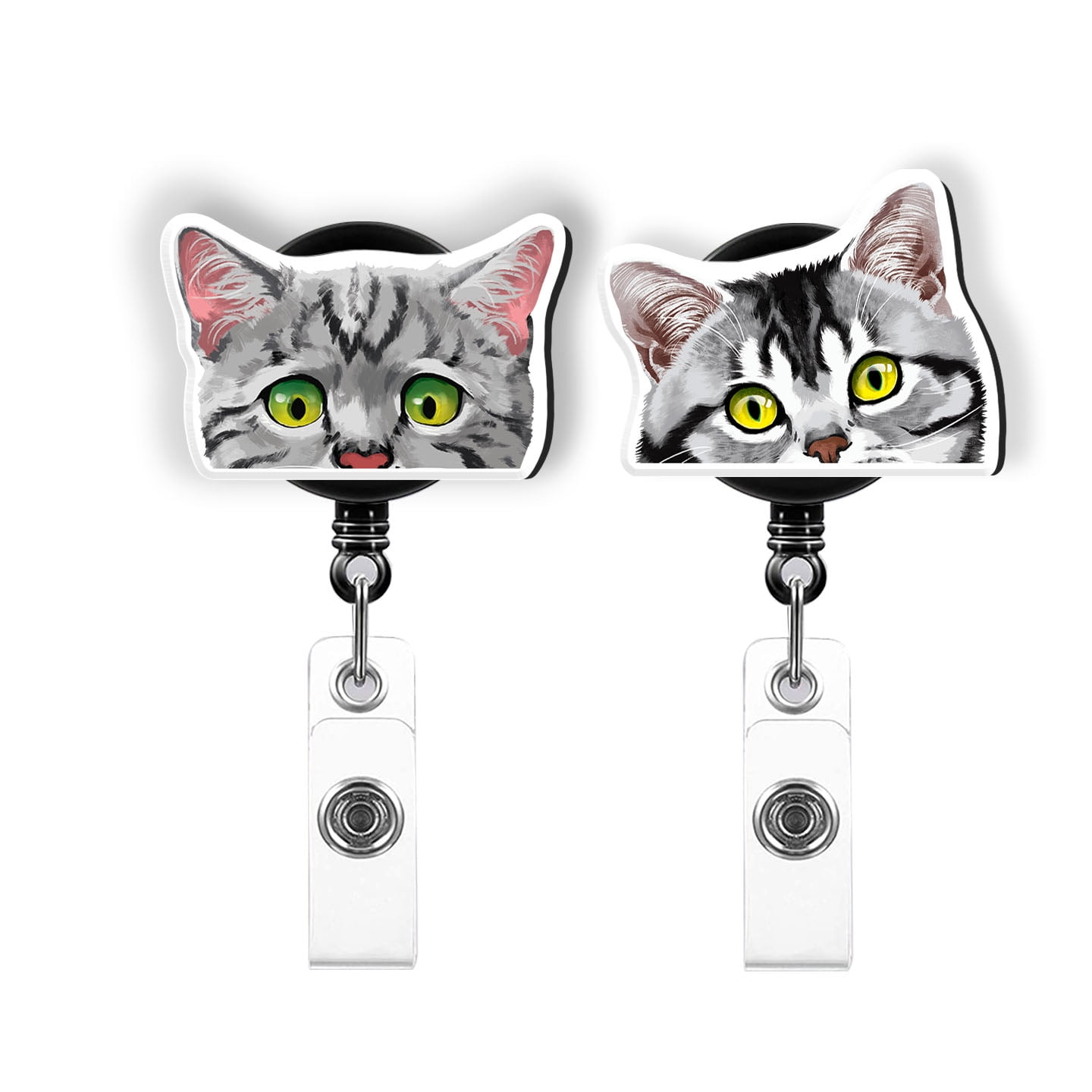 WIRESTER Set 2pcs Design Acrylic Key Card Holder Belt Clip Reel Id Badge  Retractable - Snow White Gray Chinchilla Persian Cats 