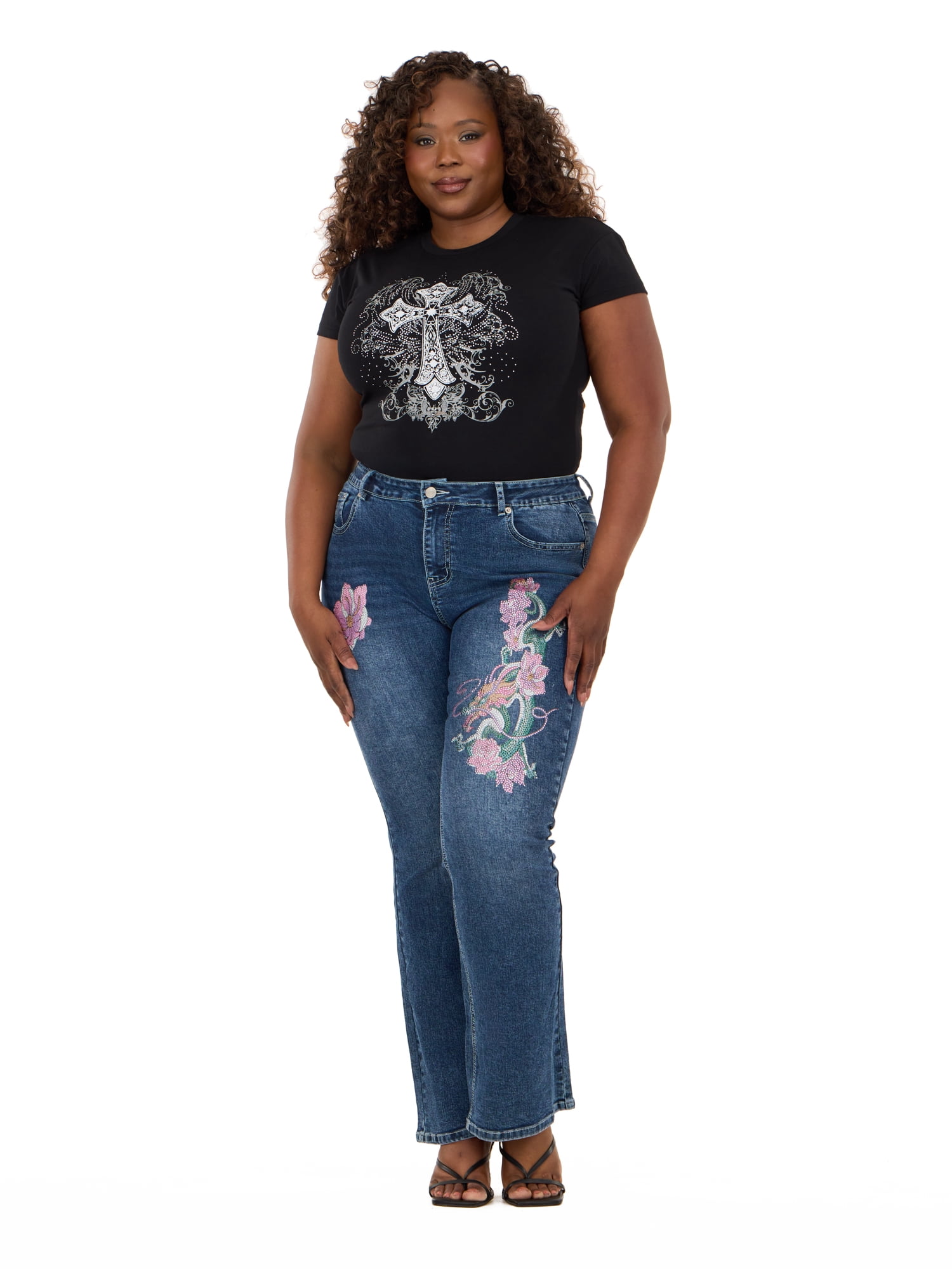 Forever 21 Women's and Women's Plus Mid Rise Bootcut Denim Pants with Rhinestone and Embroidered Back Pockets, Fitted Stretch Jeans, Vintage Wash Casual Style, Blue, 00-4X