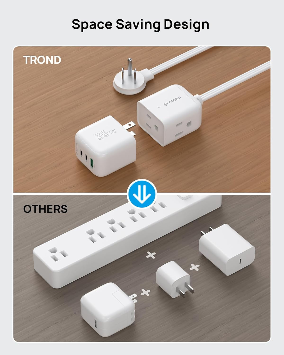 JJEAN-Travel Power Strip with Detachable USB C Ports Fast Charge GaN III PD35W, 5ft Flat Plug Extension Cord with Multiple Outlets, for Home Hotel Dorm Room Cruise Ship Essentials, White