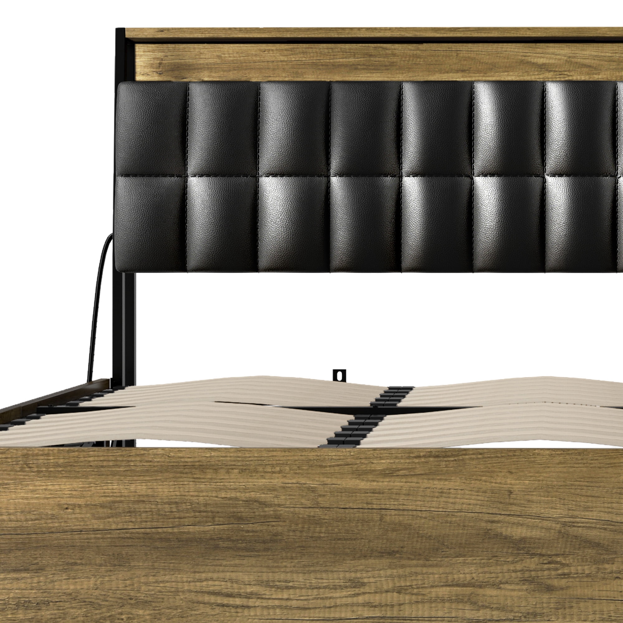 Uforic King Size Bed Frame with Lift Up Storage, Upholstered Bed Frame with Power Outlets & PU Headboard, Oak