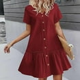 thumbnail image 3 of tasrioml Women's Summer Cotton Linen Midi Dress Casual Short Sleeve V-Neck Button Down Dress Flowy Ruffled A-Line Beach Sundress, 3 of 8