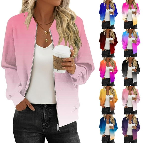 Women's Bomber Jacket Casual Gradient Zip Up Coat Fashion Color Block Lightweight Windbreaker Outerwear with Pockets