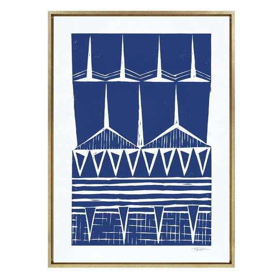 Kate and Laurel Sylvie Modern Tribal Block Indigo Print Framed Canvas Wall Art by Statement Goods, 28x38 Gold, Chic Modern Art for Wall