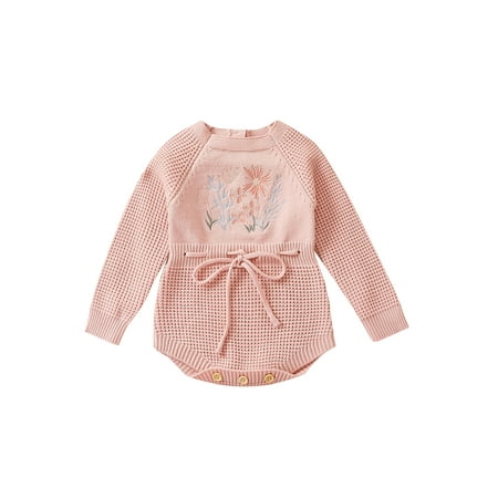 

FEORJGP Toddler Infant Baby Girl Knit Jumpsuit Flower Embroidery Crewneck Sweater Bodysuit Long Sleeve Drawstring Waist Knitwear Chunky Cable Romper Clothes for Autumn