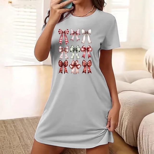 Sakmal Chemises de Nuit Confortables pour Femmes Moomoo Gris Ultra Doux Grande Taille Robe de Pyjama de Noël Manches Courtes Col Rond Imprimé Nœud Courtes Chemises de Nuit P-2TG