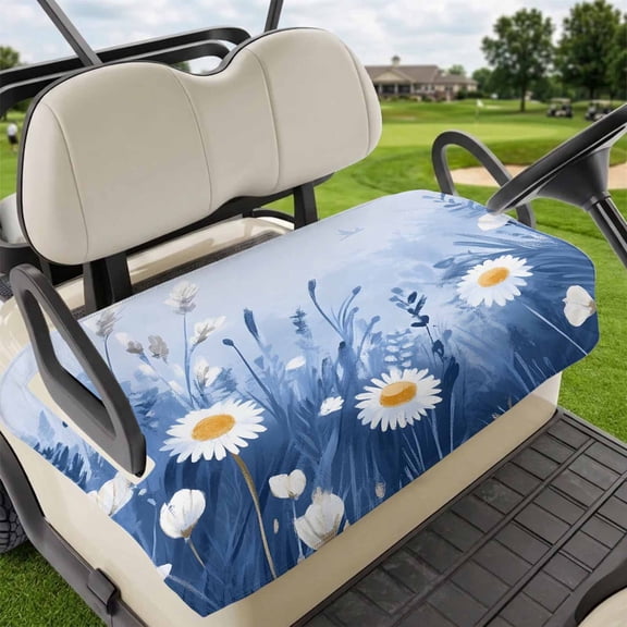 Golf Cart Seat Covers for 2 Seater,Spring Daisy Blue Microfiber Cart Seat Towel Blanket,Pastoral Botanical White Floral Leaf Absorbent Breathable NonSlip Bench Seats Protector for Golf Course 51"x31"