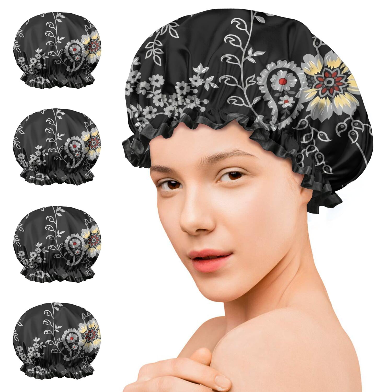 Shower Caps,Pioneer Flower Floral Print Pattern Waterproof Shower Cap for Women 4 Pieces,Double Reusable Hair Cover for Shower PEVA Elastic Stretch Hem