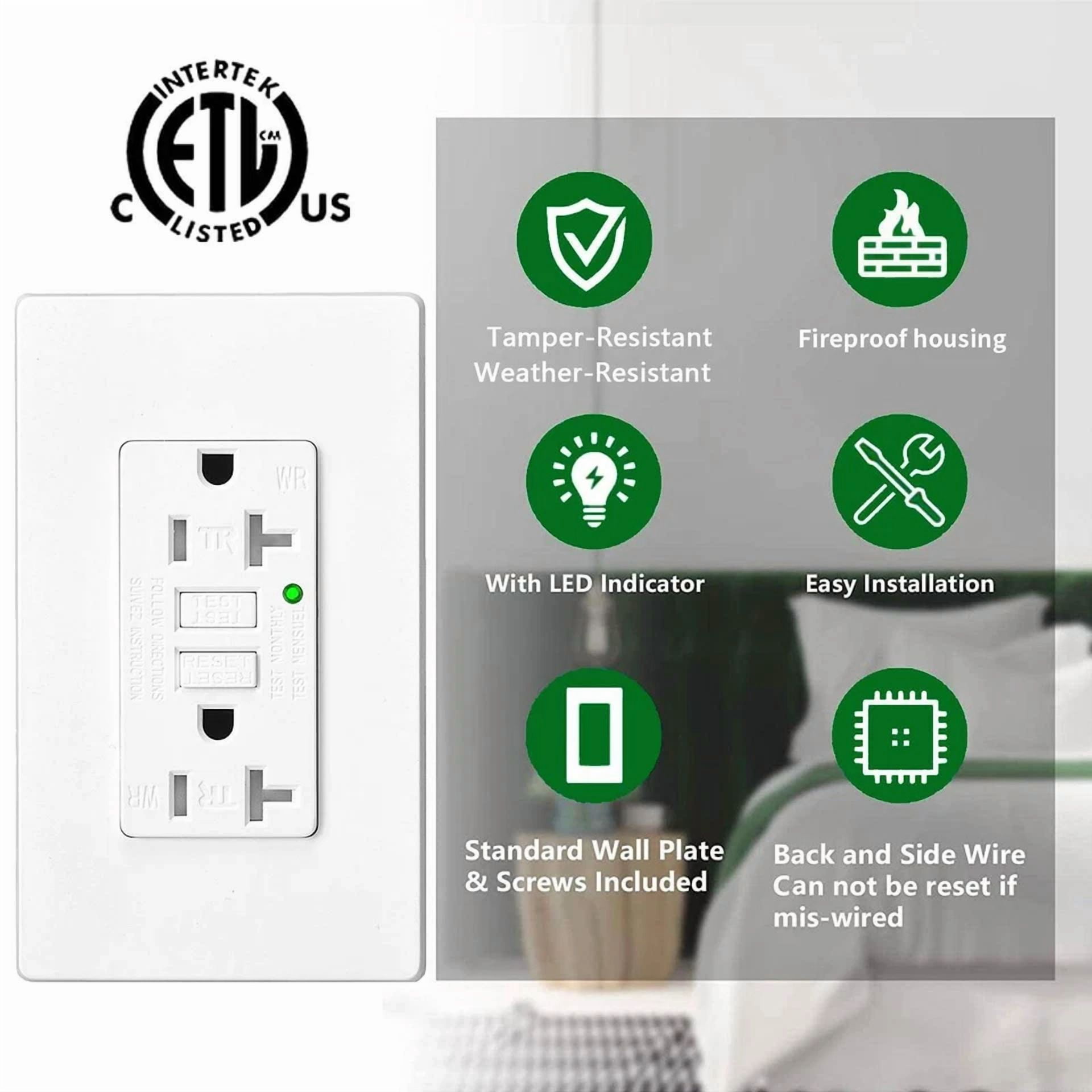 Gfi Receptacle Gfci Outlet 20 Amp Tamper-Resistant Led Indicator With Plate Etl