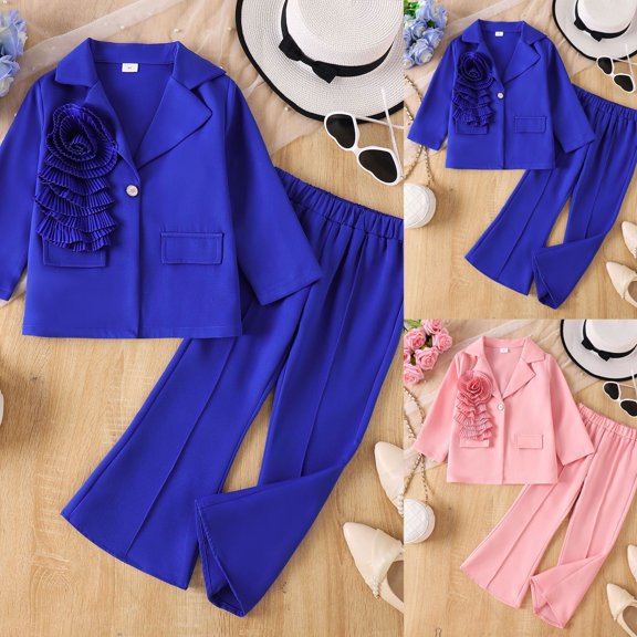 Pandaie Little Girls Floral Suit Outfit Lapel Single Button Blazer with Tiered Ruffle 3D Rose Applique Center Seam Flare Pants Kids Wedding Formal Wear Set Blue,3-4 Years