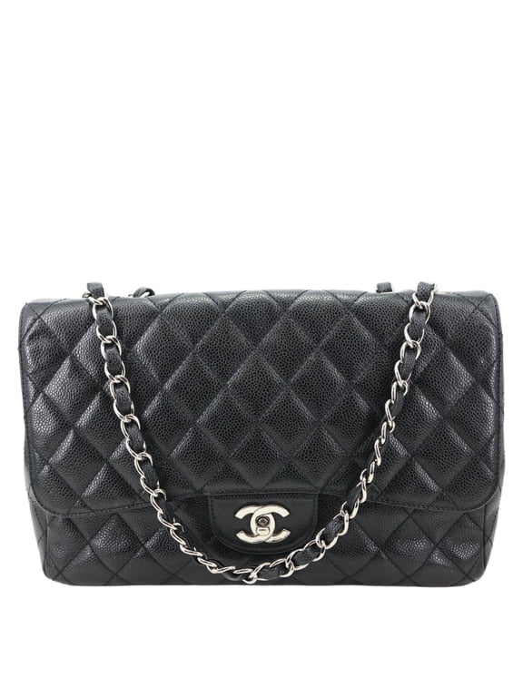 Pre-Owned Chanel Jumbo Classic Single Flap Quilted Caviar Leather Shoulder Bag Black