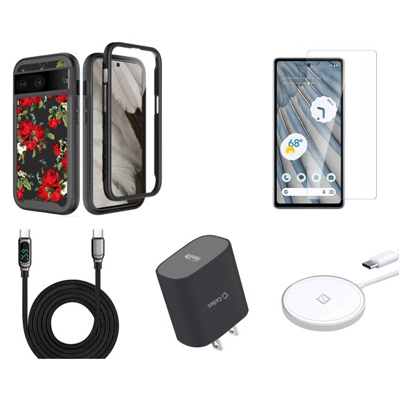 BD Hybrid Protector Case for Google Pixel 7a (Rose Noir Flowers) with Screen Protectors, Wireless Charger, UL Listed USB-C Wall Charger, Digital USB-C Cable