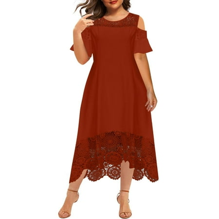Women Plus Size Cold Shoulder Overlay Asymmetric Chiffon Strapless Sequins Dress Lace Splicing Short Sleeve Dresses