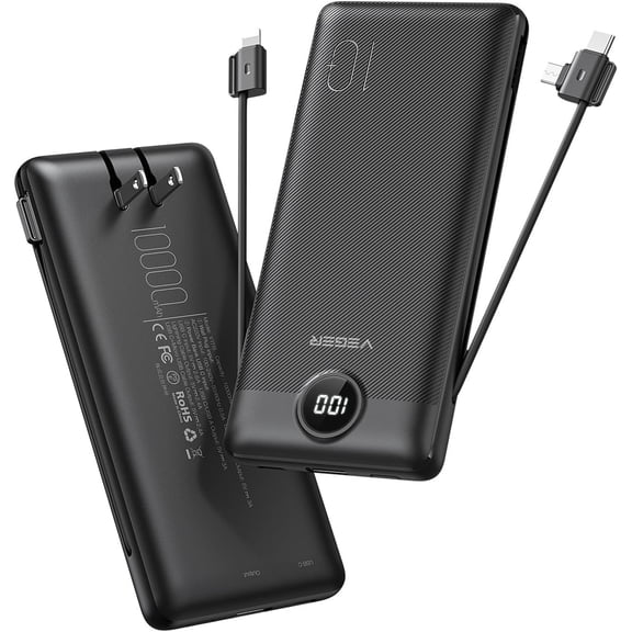 Portable Charger for iPhone Built in Cables and W Plug, 10000mah Slim Fast Charging USB C Power Bank, Travel Essential Battery Pack Compatible with iPhones, iPad, Samsung More Devices(Black)