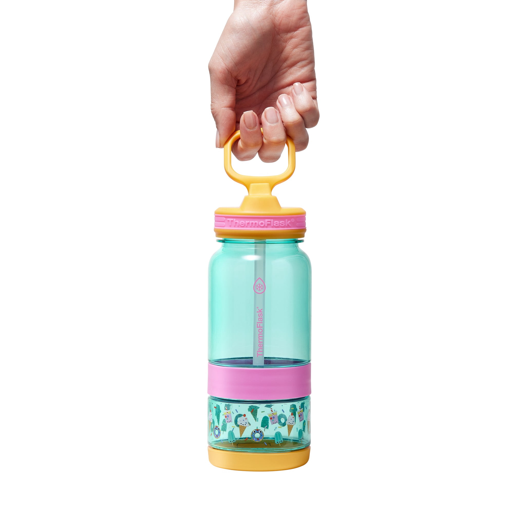 ThermoFlask 14 oz 2-in-1 Snack and Sip Durable Tritan Bottle with Integrated Snack Cup Compartment - Leakproof Folding Straw Lid - Protective Bumper - Sweet Treats Design