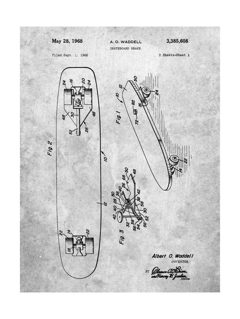 SKATEBOARD A4 Art print patent vintage,brevet technique papier vieillit arty 