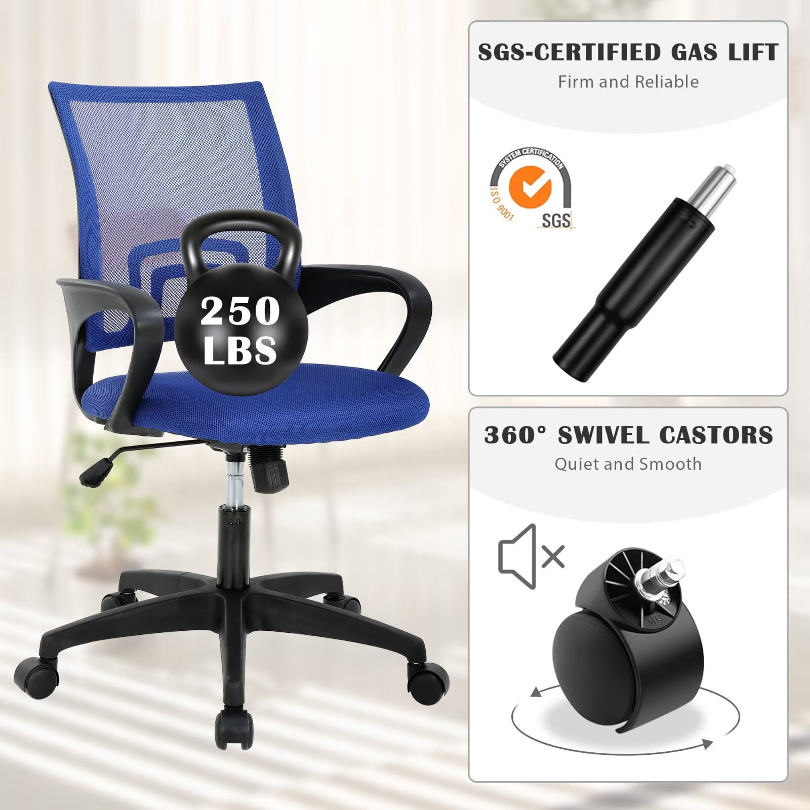 YRLLENSDAN Mesh Office Chair with Lumbar Support and Armrest, Comfortable Desk Chairs with Wheel, Home Swivel Chair with Adjustable Height and Tilt,Blue