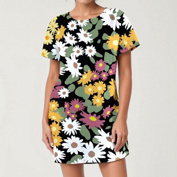 WILLBEST Vestidos De Verano Para Mujer, Estampado Digital 3D, Cuello Redondo, Suelto, Manga Corta, Vestido Informal De Tendencia