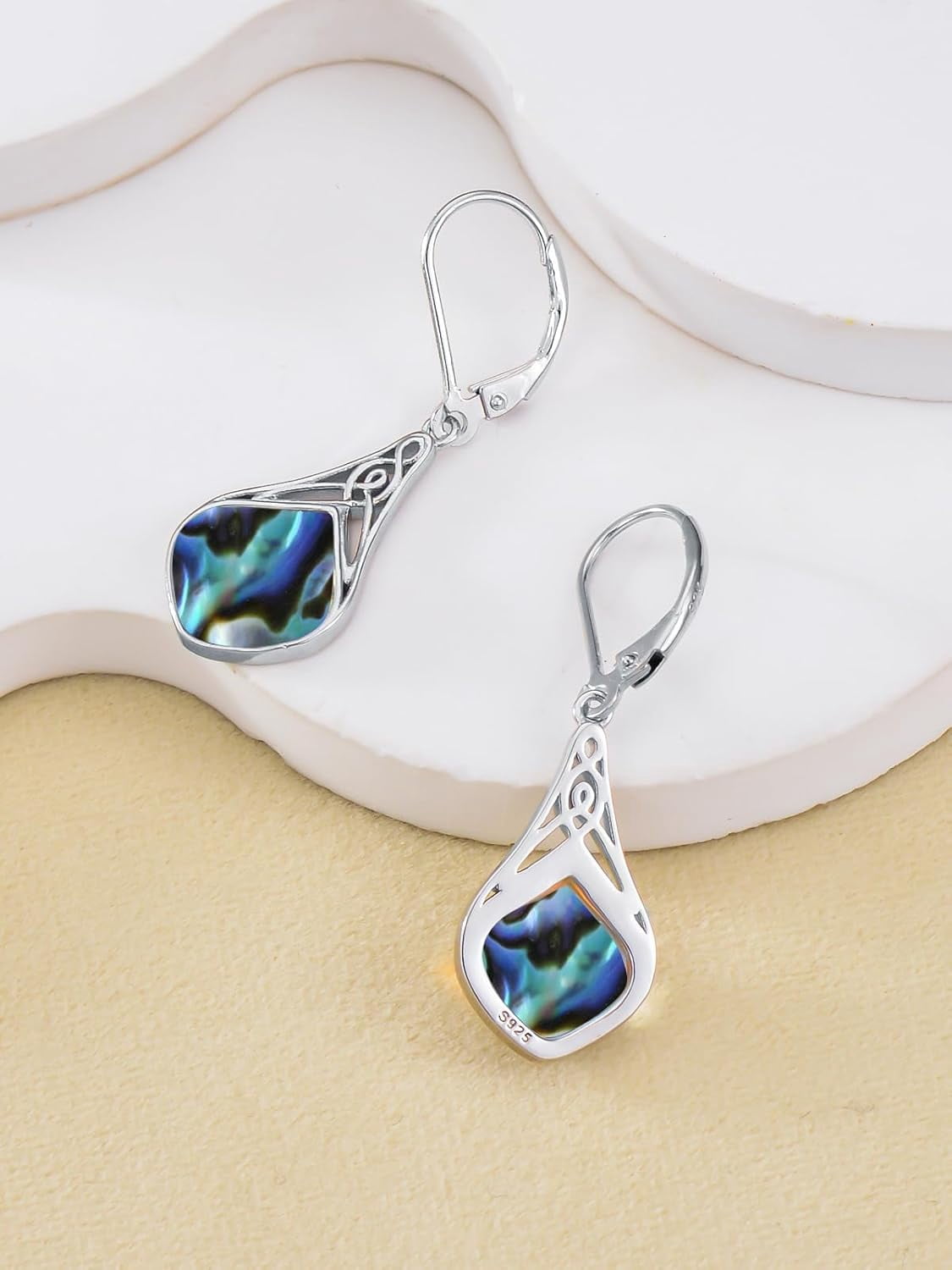 Natural Abalone Shell Earrings 925 Sterling Silver Celtic Knot Teardrop Abalone Shell Dangle Drop Earrings Irish Jewelry Gifts for Women