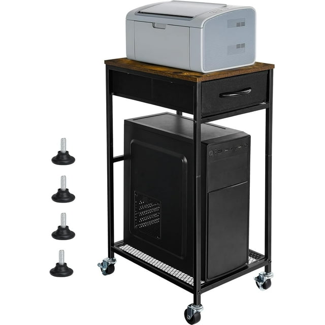 Support Tour d'Ordinateur avec Tiroir, Chariot d'Ordinateur Mobile avec Rangement, Support en Métal pour CPU sur Roulettes, Tour pour Pc, Support Roulant pour Tour d'Ordinateur au Sol pour Bureau