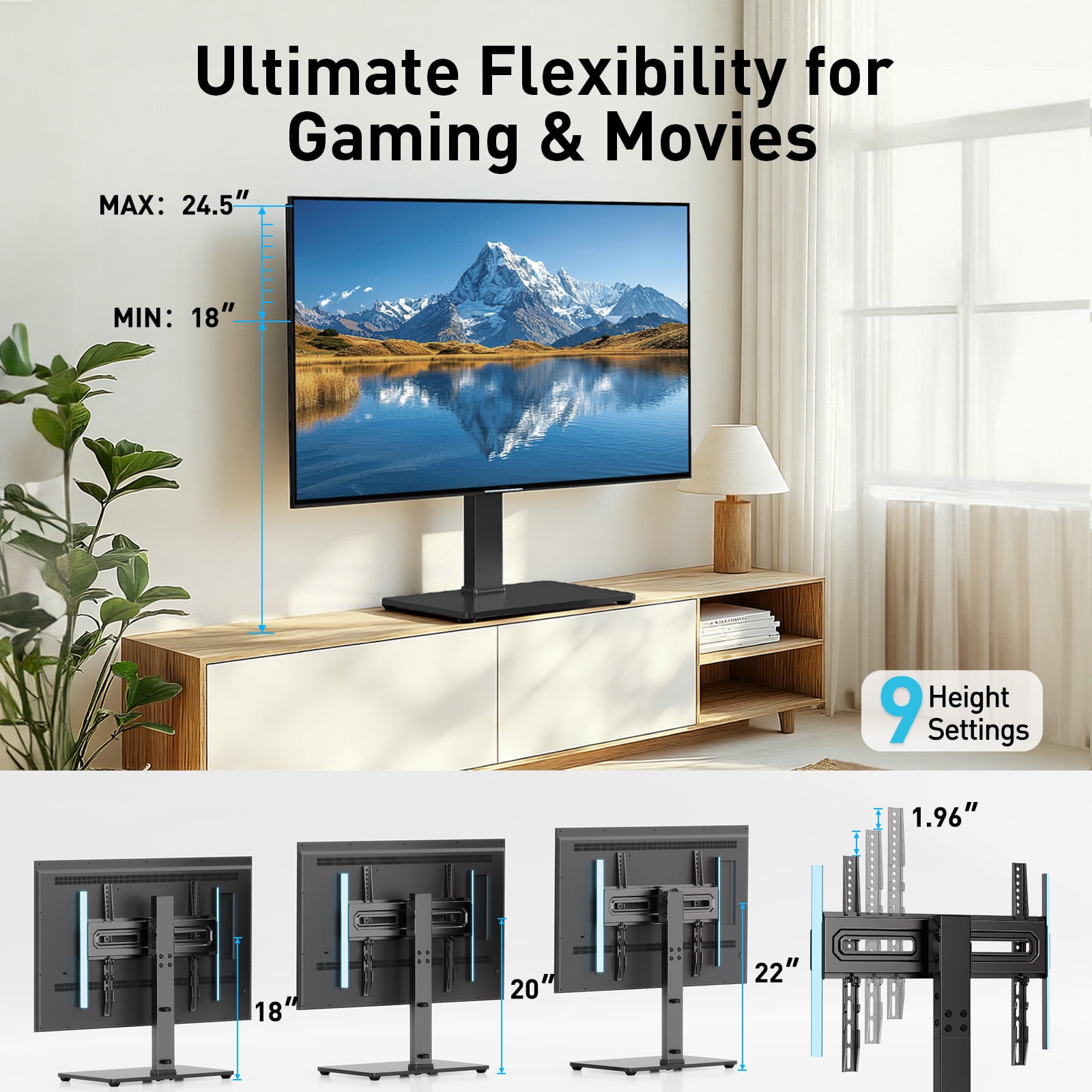 MountFTV Universal TV Stand with LED Lights for 32-70 inch TVs, Holds up to 88 lbs, Max 400x400mm, 9 Height Adjustable Table Top TV Stand Mount with 35° Swivel and 8° Tilt