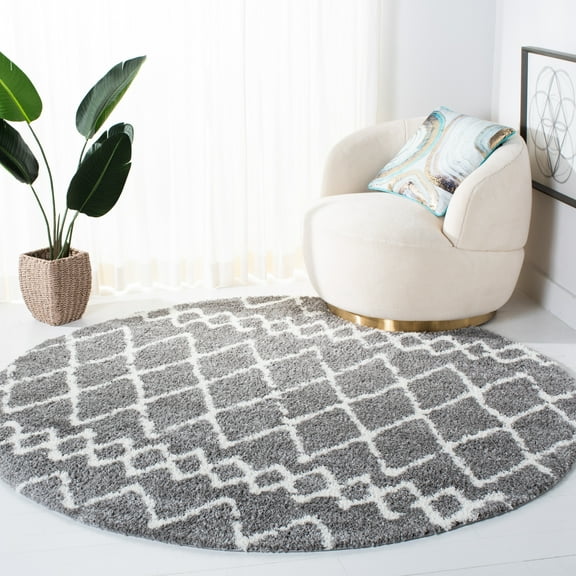 SAFAVIEH Berber Lula Distressed Shag Area Rug, Gray/Ivory, 6'7" x 6'7" Round