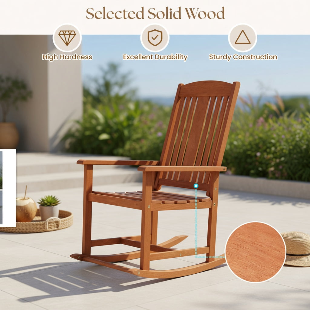 Hommoo Solid Wood Outdoor Rocking Chair, High-Back Porch Rocker with Slatted Seat, Easy Assembly for Patio, Deck & Poolside, Natural