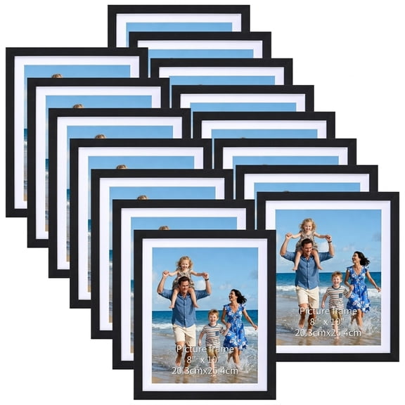 15 Pack 8x10 Wood Picture Frames, 9x11 Matted to 8x10 Tabletop or Wall Mounted Photo Frame, Black