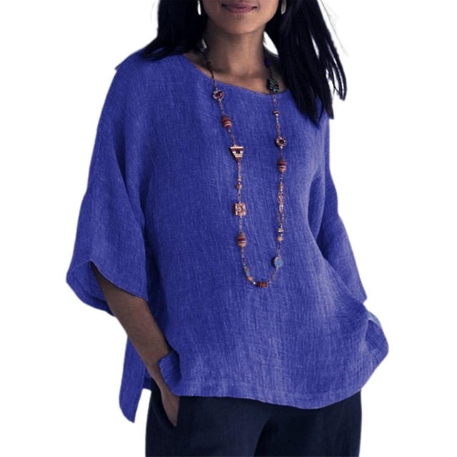 T-shirt Ample d'Été pour Femme à Manches 3/4, Tunique Décontractée à Col Rond, Haut Uni, Grande Taille