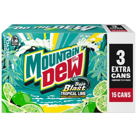Mountain Dew Baja Blast Soda Tropical Lime, 12 fl oz, 15 Count