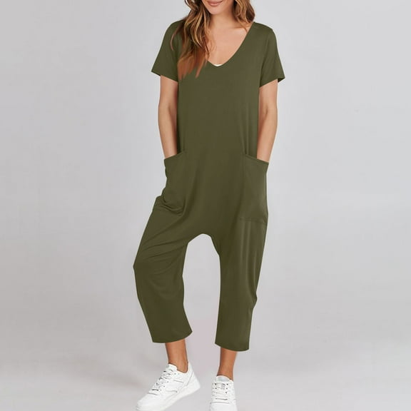 Busydd Jumpsuits for Women Short Sleeve Solid Color Casual Jumpsuit Comfy V Neck One Piece Jumpsuits with Pockets