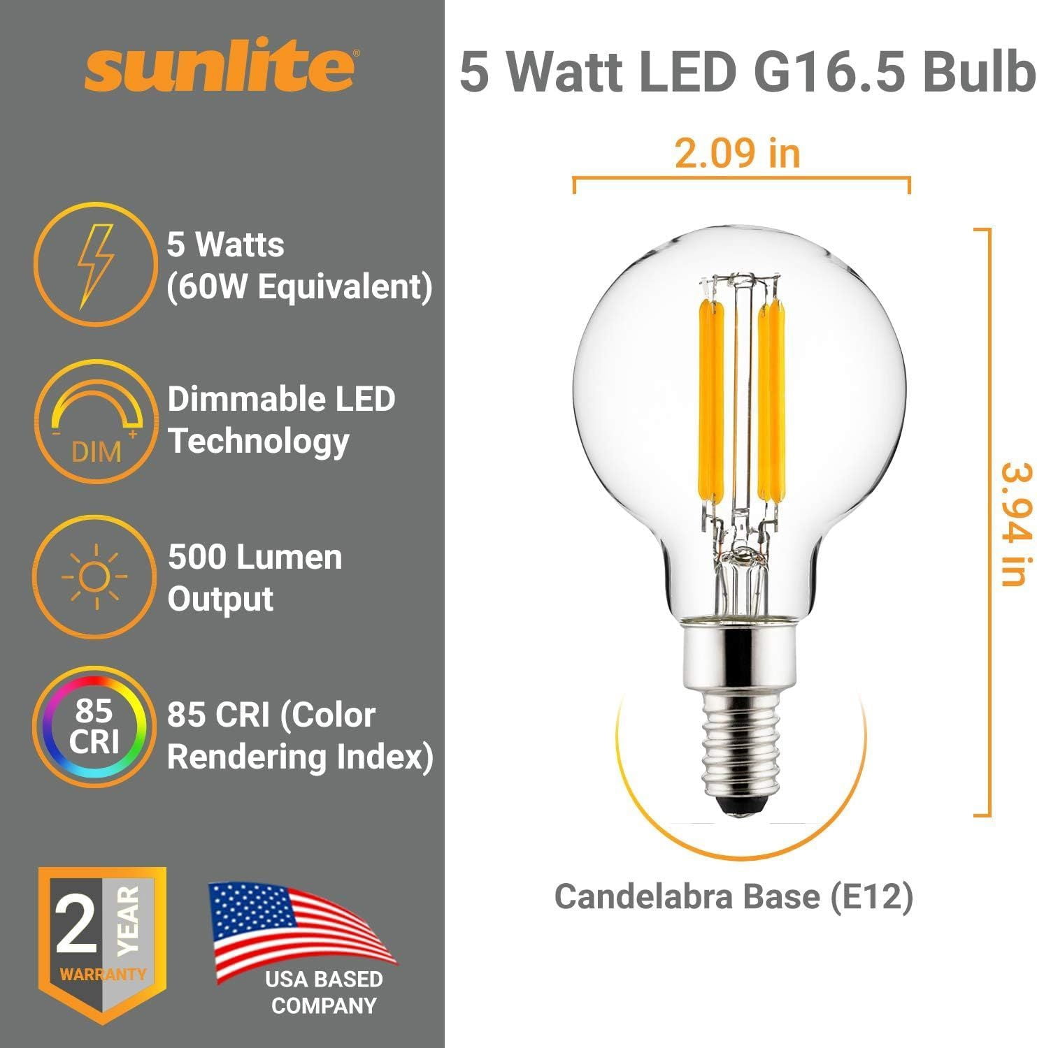 Sunlite LED G16.5 G16 1/2 Filament Style Globe Light Bulb, 5 Watts (60W Equivalent), Candelabra E12 Base, Dimmable, Clear, UL Listed, 5000K Super White, 6-Pack