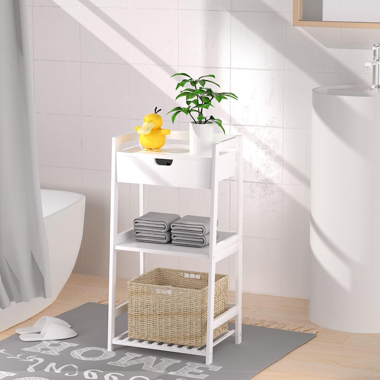 3 Tier Bamboo Bathroom Shelves with Drawer, Ladder Shelf for Bathroom Storage, Space-Saving Design, Stylish Display Nightstand, Stylish Storage Solution for Home, Living Room, Kitchen, Office
