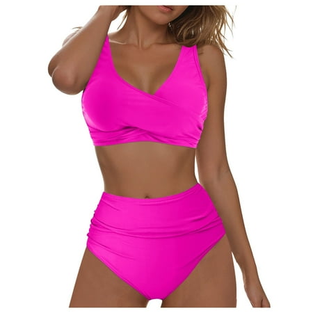 Linfrsh Women 2 Piece High Waisted Bikini Set V Neck Halter Drawstring Sides Ruched Swim 2025 Summer Bathing Suit Womens Swimwear Hot Pink XL