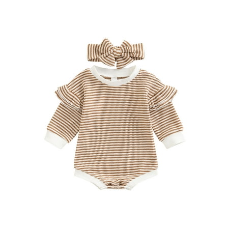 

jaweiwi 2Pcs Baby Girl Fall Jumpsuit Outfit Stripe Patchwork Ruffle Long Sleeve Romper + Hairband Set for Infants Size 0 6 9 12 18 Months