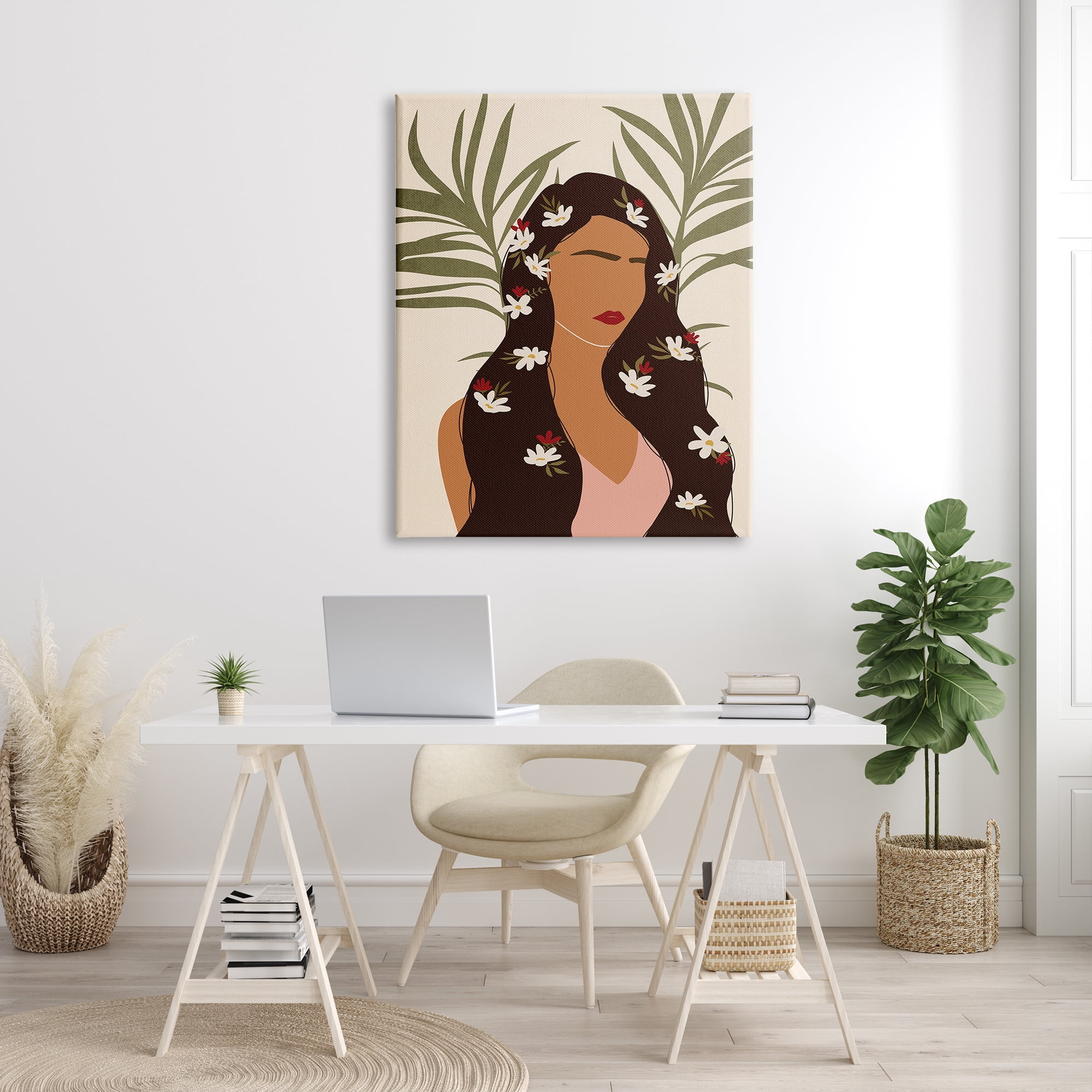 Stupell Industries Female With Tropical Florals in Hair Palm Leaves Botanical & Floral Painting Gallery Wrapped Canvas Print Wall Art, 36 x 48