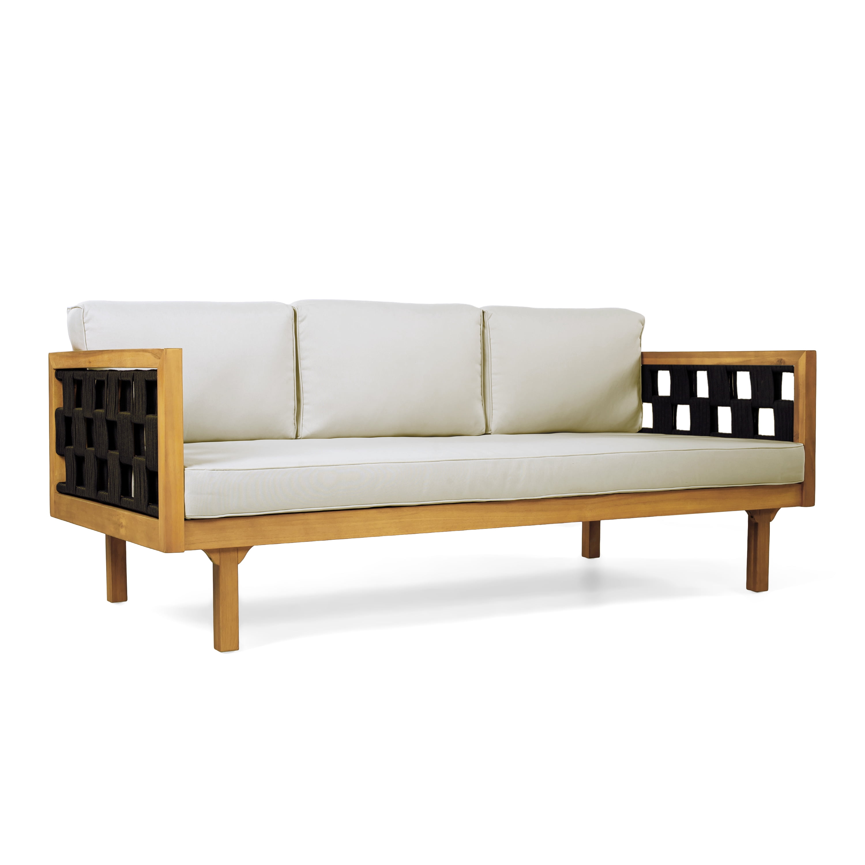 Three-Seater Daybed, Outdoor Acacia Wood Teak Finish Daybed with Light Grey Cushions for Patio Garden, Teak