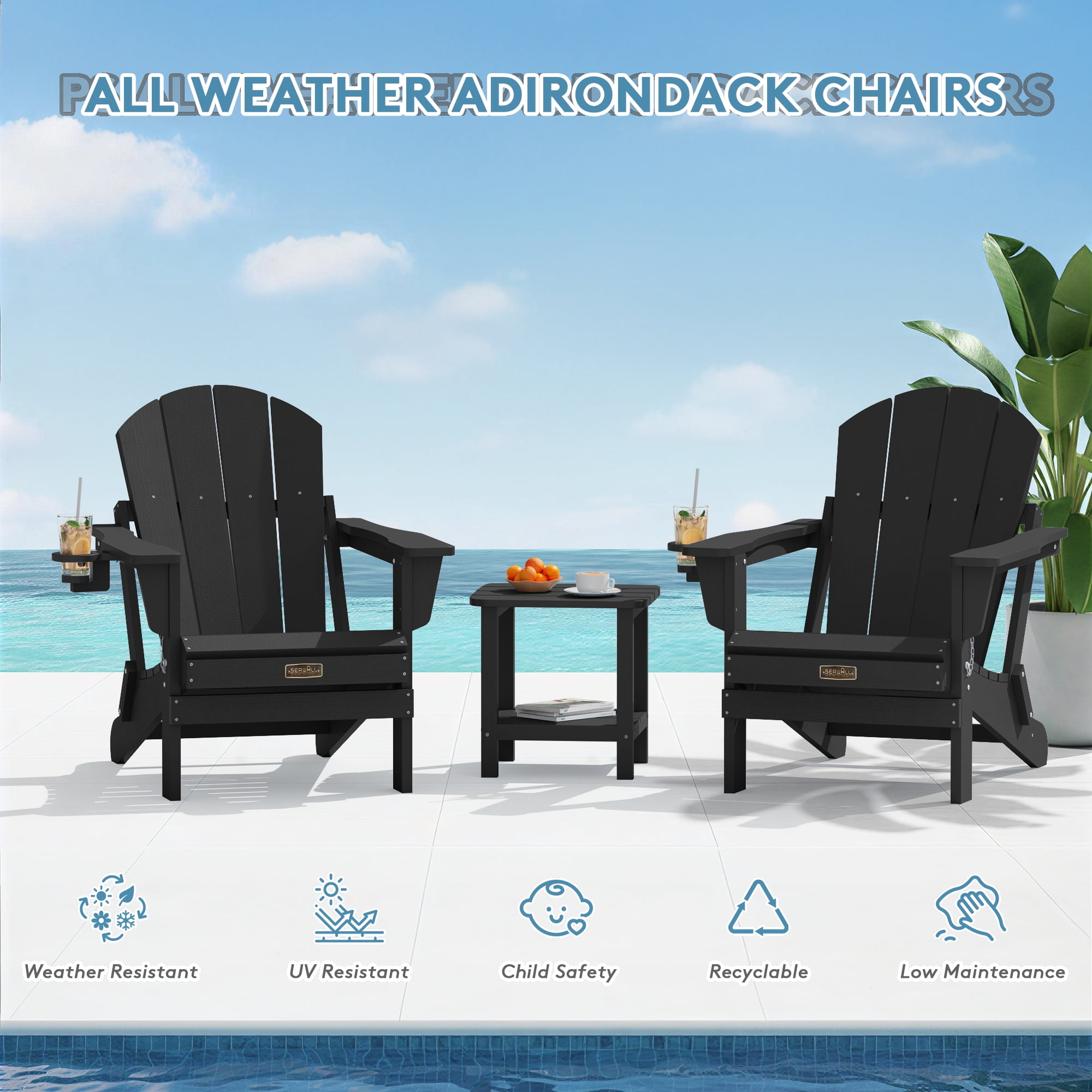 SERWALL Folding Adirondack Chair Set of 2 with Cup Holder, All Weather Outdoor Patio Adirondack Chairs, Durable HIPS Fire Pit Chairs for Deck, Garden, Black