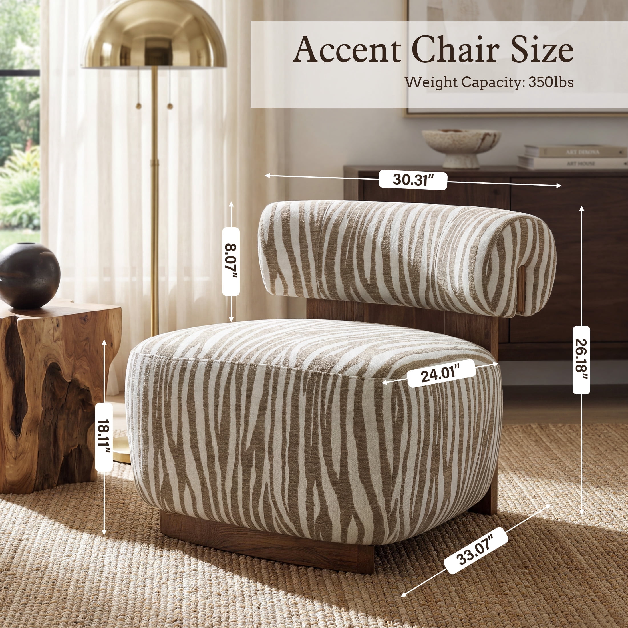 Aukfa Modern Chenille Accent Chair with Zebra-Stripe, Cylindrical Backrest for Living Room, Beige