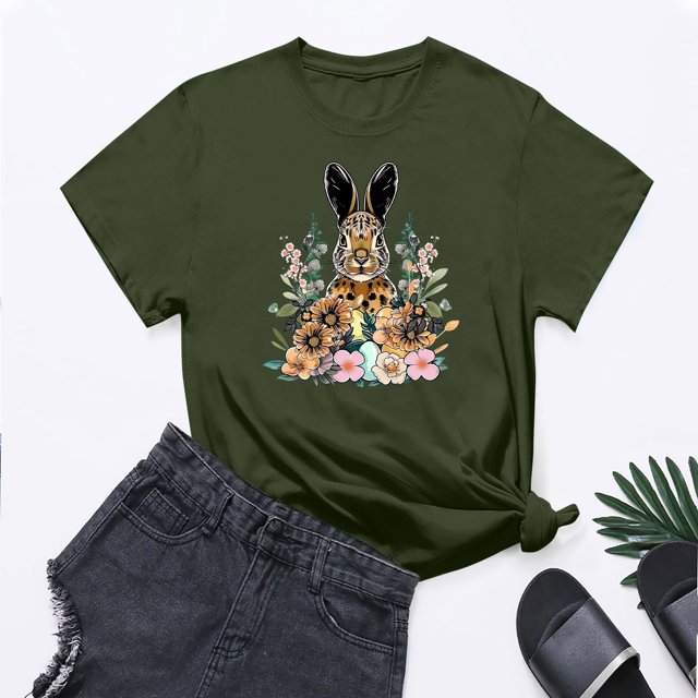 UPPADA Femmes Joyeuses Easter T-Shirt Bunny Rabbit T-Shirt Graphique Manches Courtes Lettres Amusantes Imprimées Chemises Manches Courtes Col Rond Tuniques Hauts Vert Armée,TTTG
