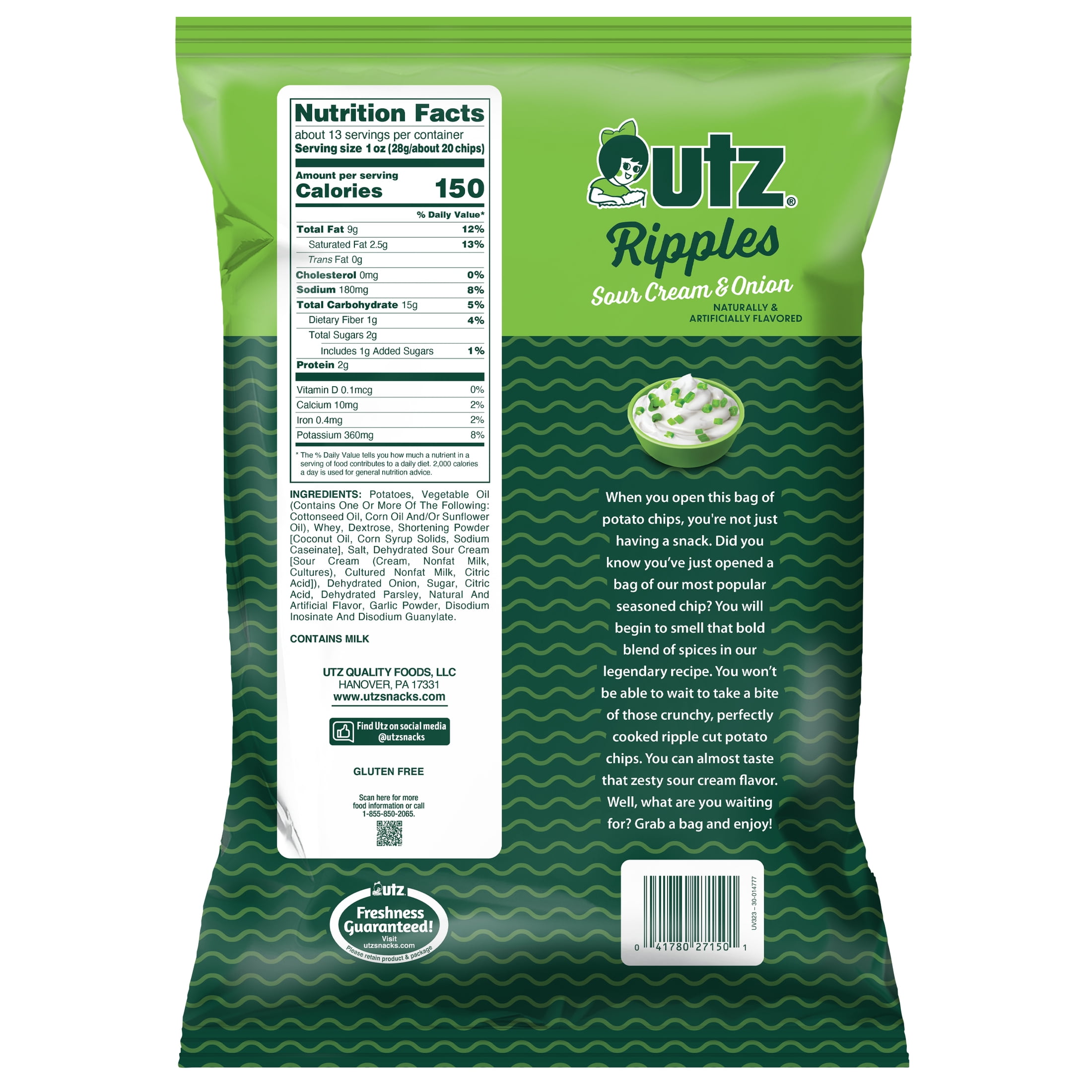 Utz Ripples Sour Cream & Onion Potato Chips, Gluten-Free, 12.5 oz